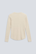 The Ella in Beige Melange. Crew-neck long sleeve. 95% organic cotton with 5% elastane. Back view.