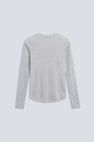 The Ella in Grey Melange. Crew-neck long sleeve. 95% organic cotton with 5% elastane. Back view.