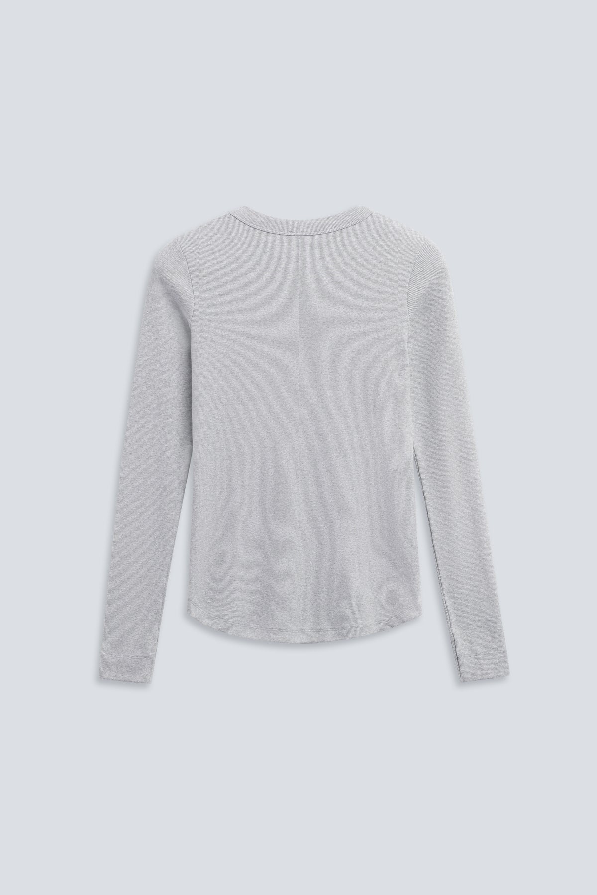 The Ella in Grey Melange. Crew-neck long sleeve. 95% organic cotton with 5% elastane. Back view.