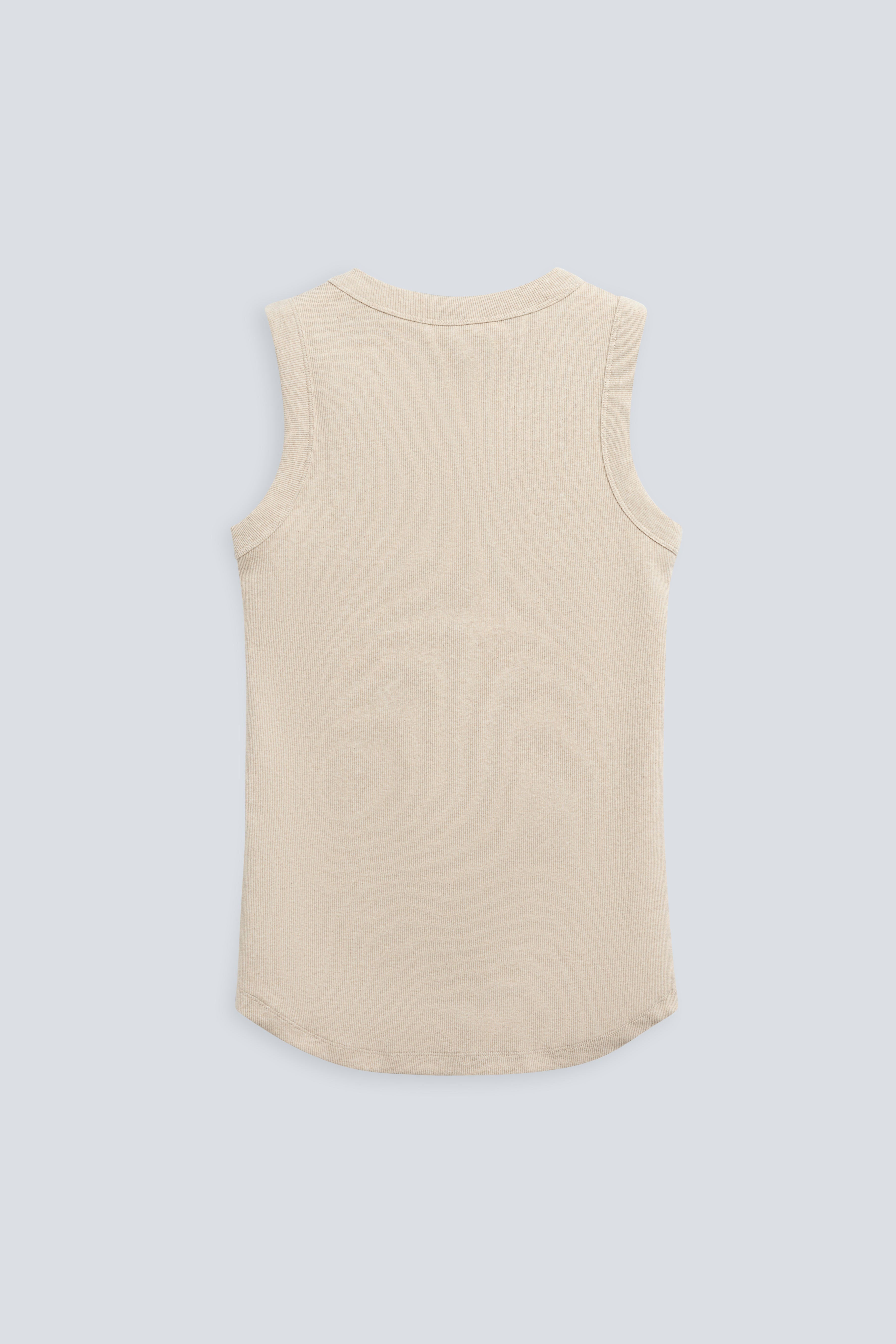 The Rania in Beige Melange. Ribbed tank made from 95% organic cotton with 5% elastane. Back view.