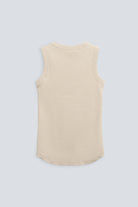 The Rania in Beige Melange. Ribbed tank made from 95% organic cotton with 5% elastane. Back view.