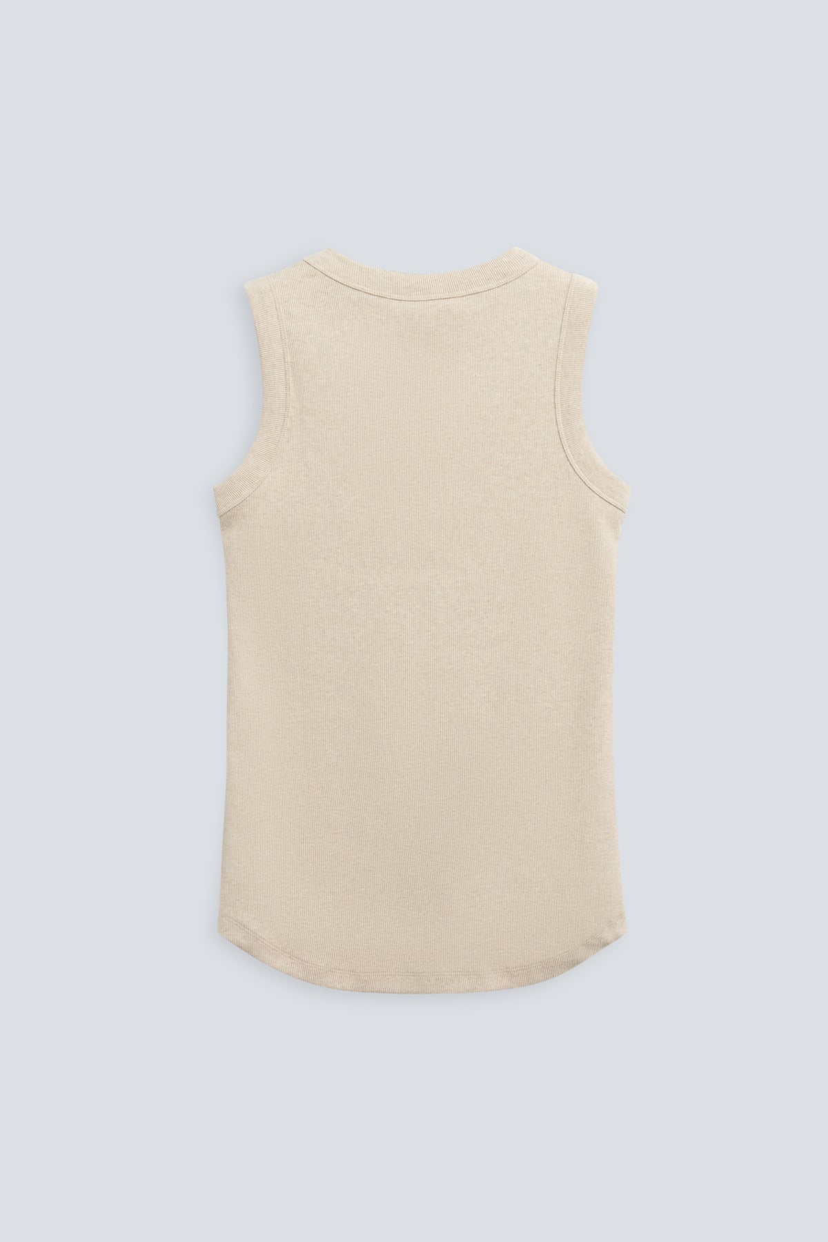 The Rania in Beige Melange. Ribbed tank made from 95% organic cotton with 5% elastane. Back view.