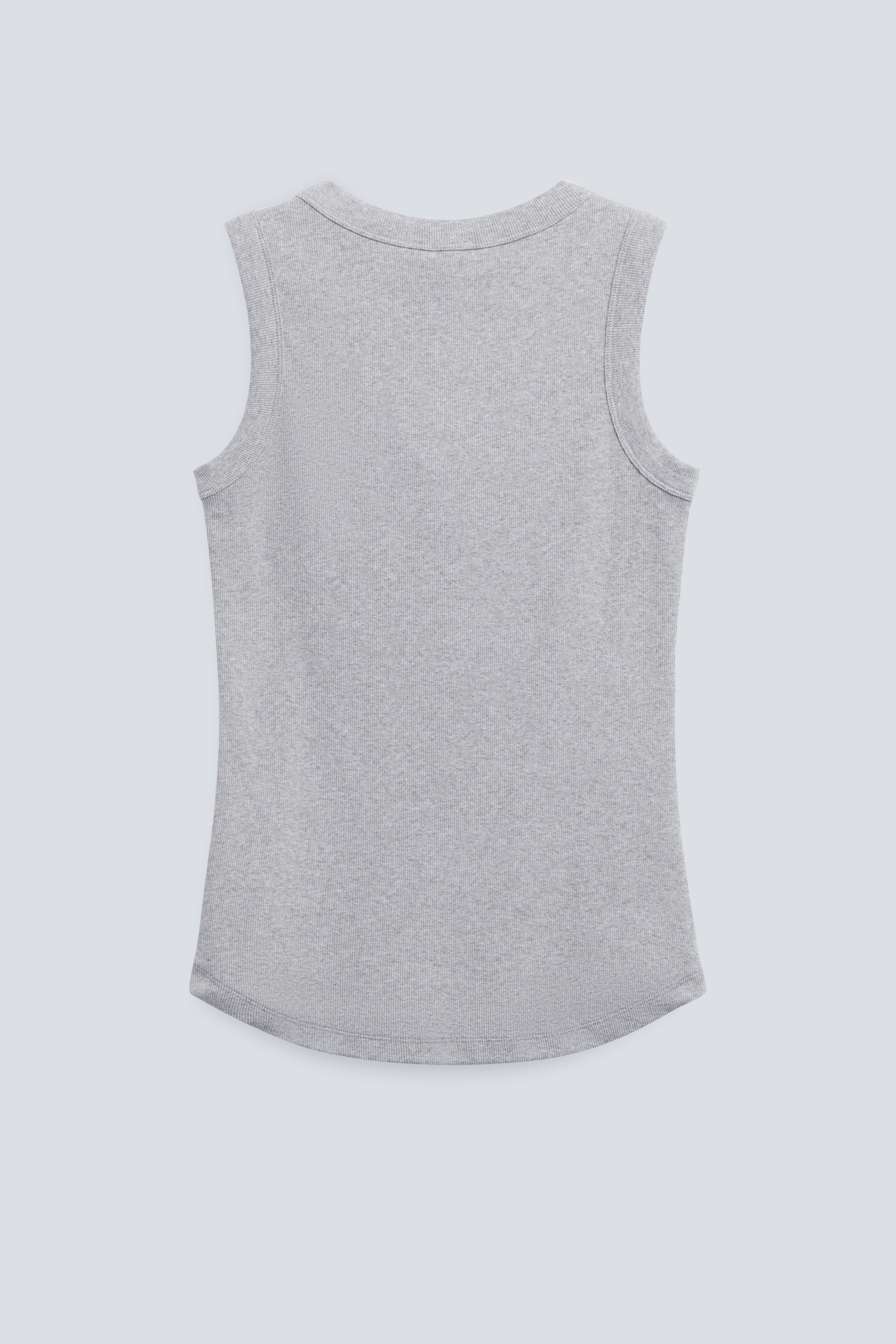 The Rania in Grey Melange. Ribbed tank made from 95% organic cotton with 5% elastane. Back view.