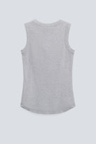 The Rania in Grey Melange. Ribbed tank made from 95% organic cotton with 5% elastane. Back view.