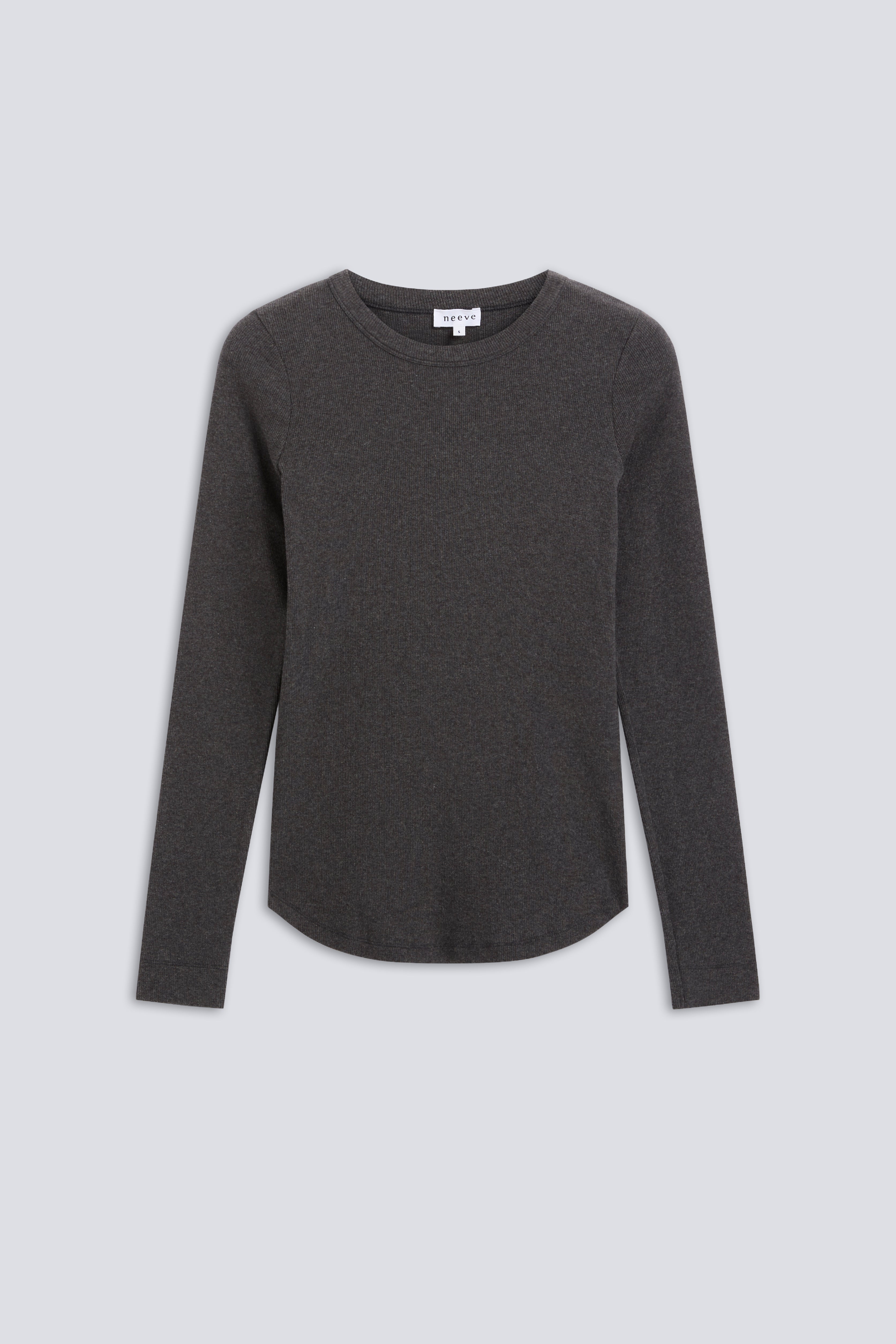 The Ella in Dark Grey Melange. Crew-neck long sleeve. 95% organic cotton with 5% elastane. Front view.