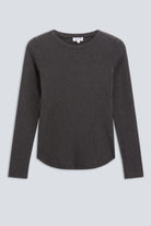 The Ella in Dark Grey Melange Crew-neck long sleeve. 95% organic cotton with 5% elastane. Front view. GOTS