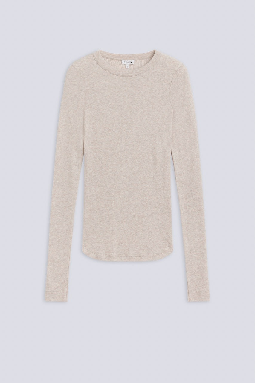 The Georgia Beige Melange. Butter soft long sleeve made from 98% modal and 2% elastane. Front view. 