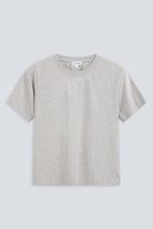 The Jill crew neck top in grey melange front view, 180g organic cotton, GOTS certified, made in Portugal