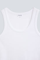 The Josie organic cotton tank top in crispy white, detail front. GOTS-certified