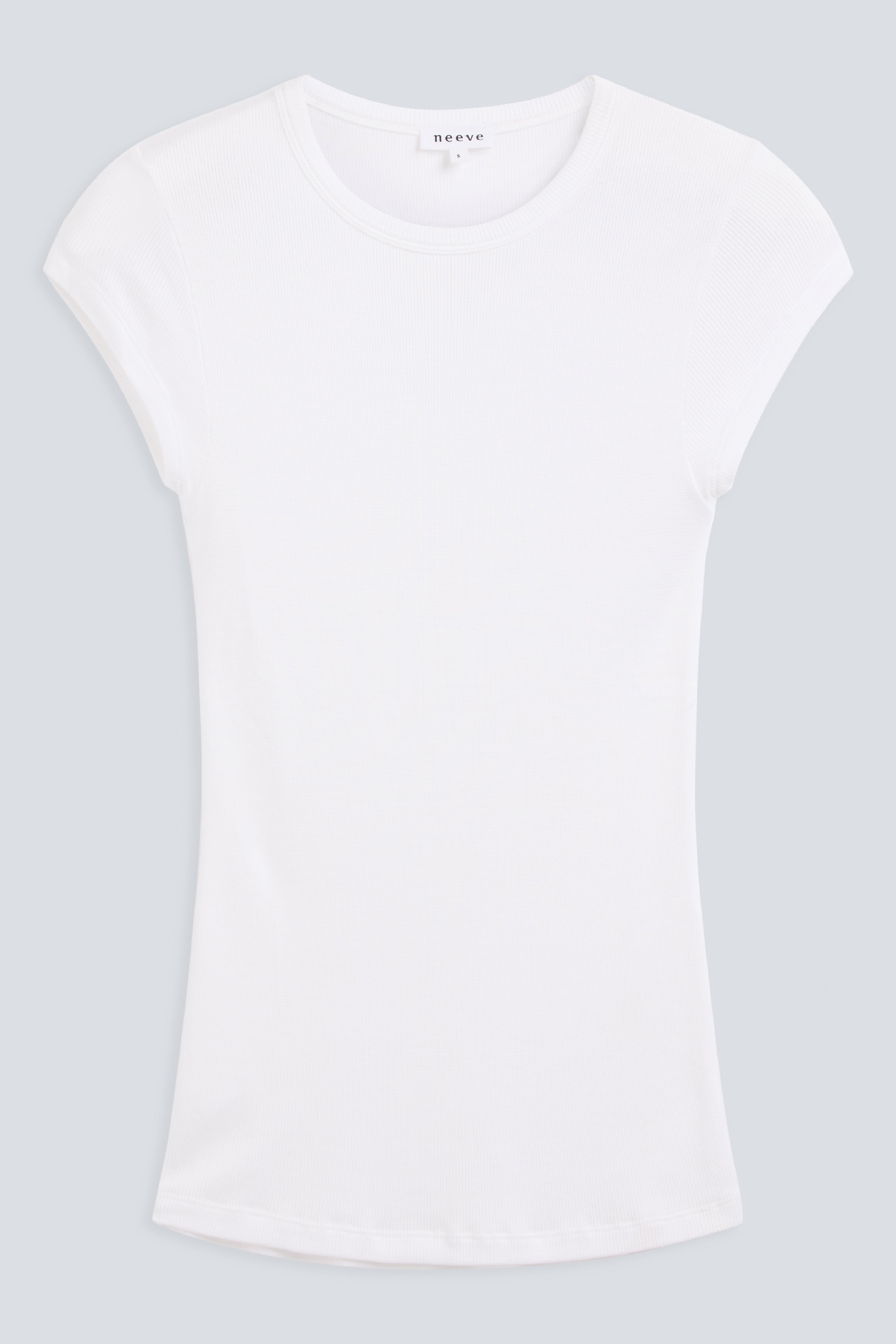 The Mika cap sleeve top in Crispy White. Front view. Ribbed modal fabric