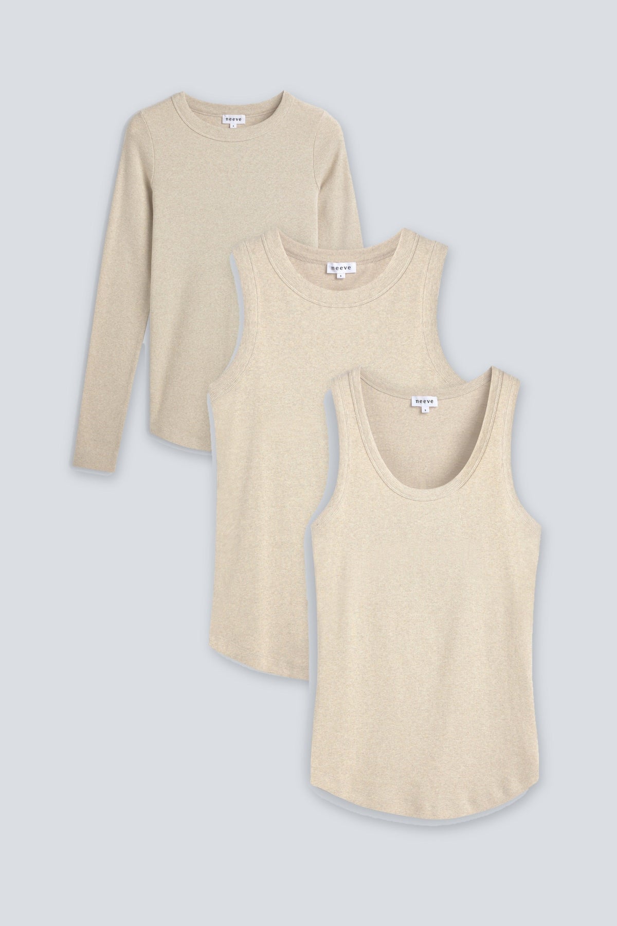 The Layering Set in Beige Melange: The Ella, The Rania and The Josie. 95% organic cotton with 5% elastane.