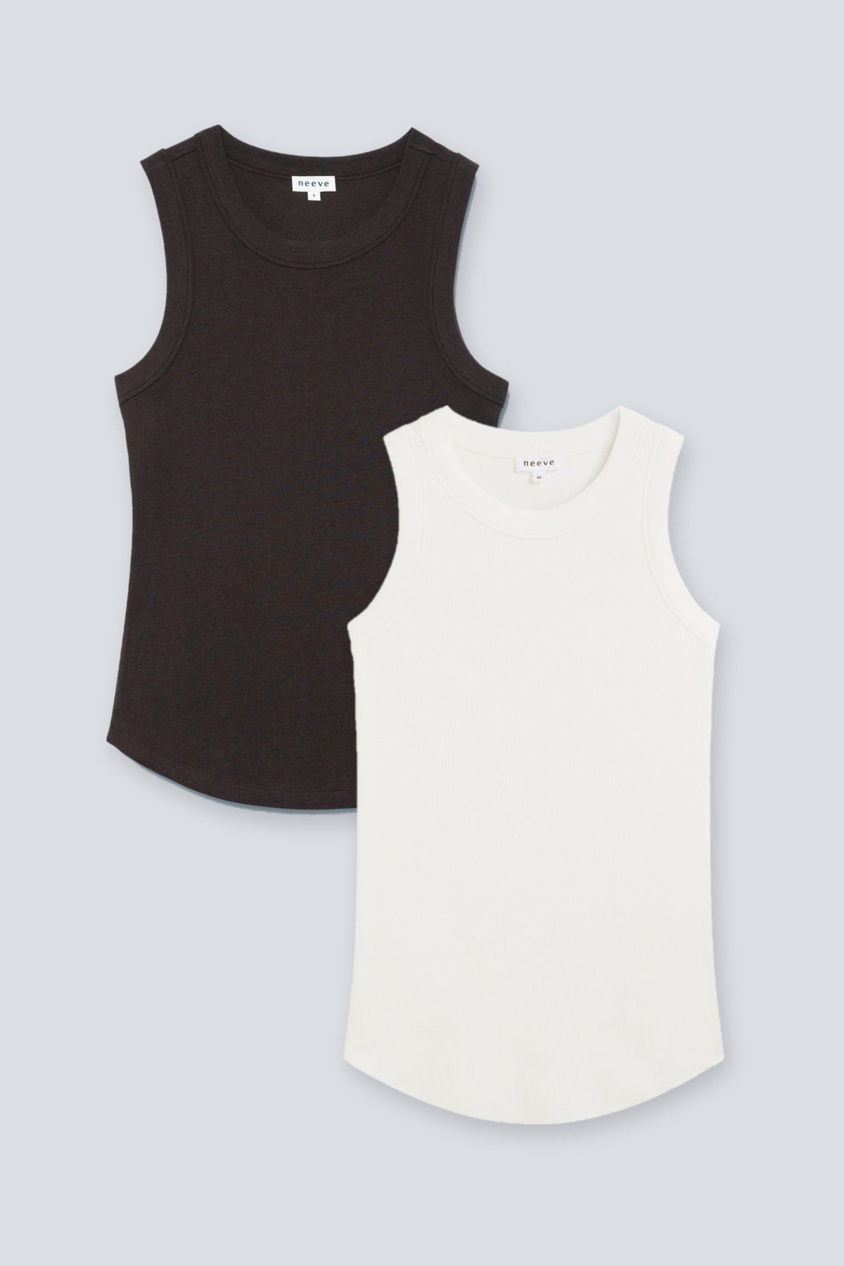 The Rania 2-Pack in Chocolate Melange and Off-White. Ribbed tanks in 95% organic cotton with 5% elastane.
