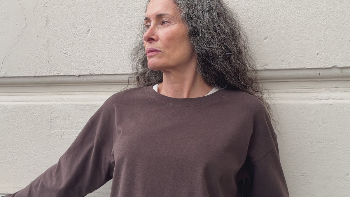 The Rose in Chocolate Melange shown on model. Worn with The Mika in Beige Melange. 