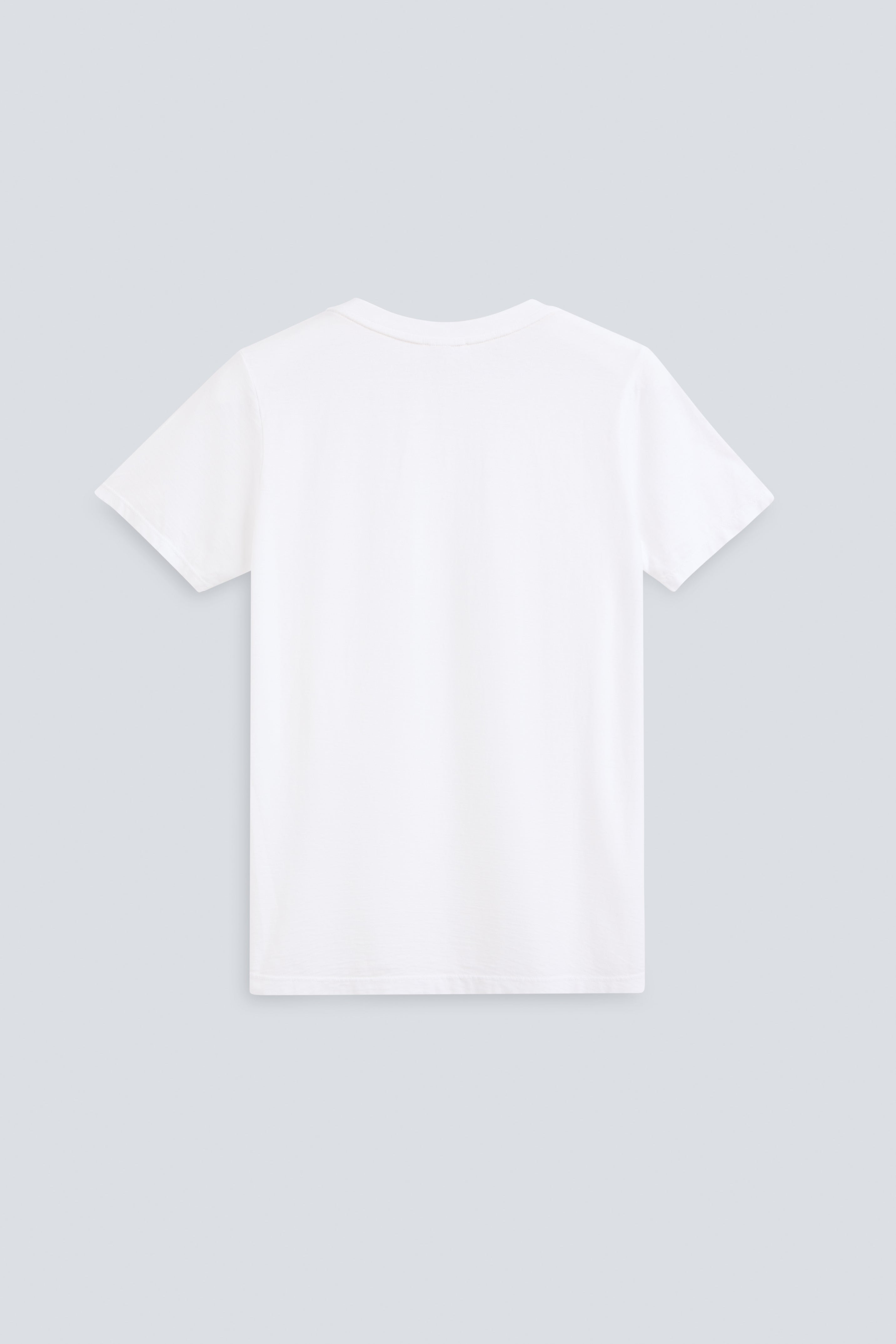 The Stella in Crispy White. V-Neck, 100% organic cotton, 140 grams. GOTS, made in Portugal. Back view.