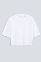 The Talia in Crispy White. Front view. Dropped shoulders and mid-length sleeves, 180g, 100% organic cotton made in Portugal. GOTS