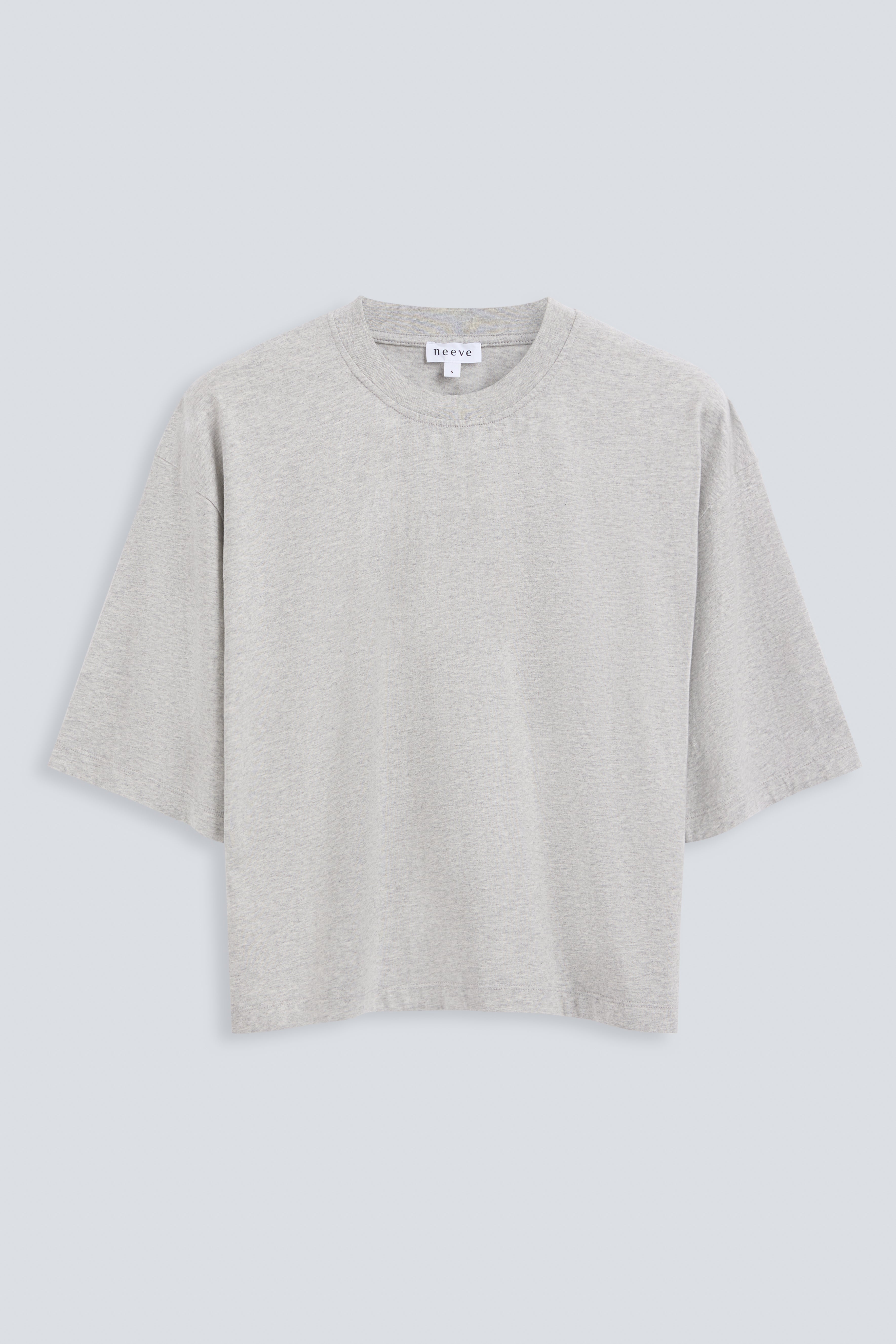 The Talia grey melange tee front view, dropped shoulders and mid-length sleeves, 180g organic cotton