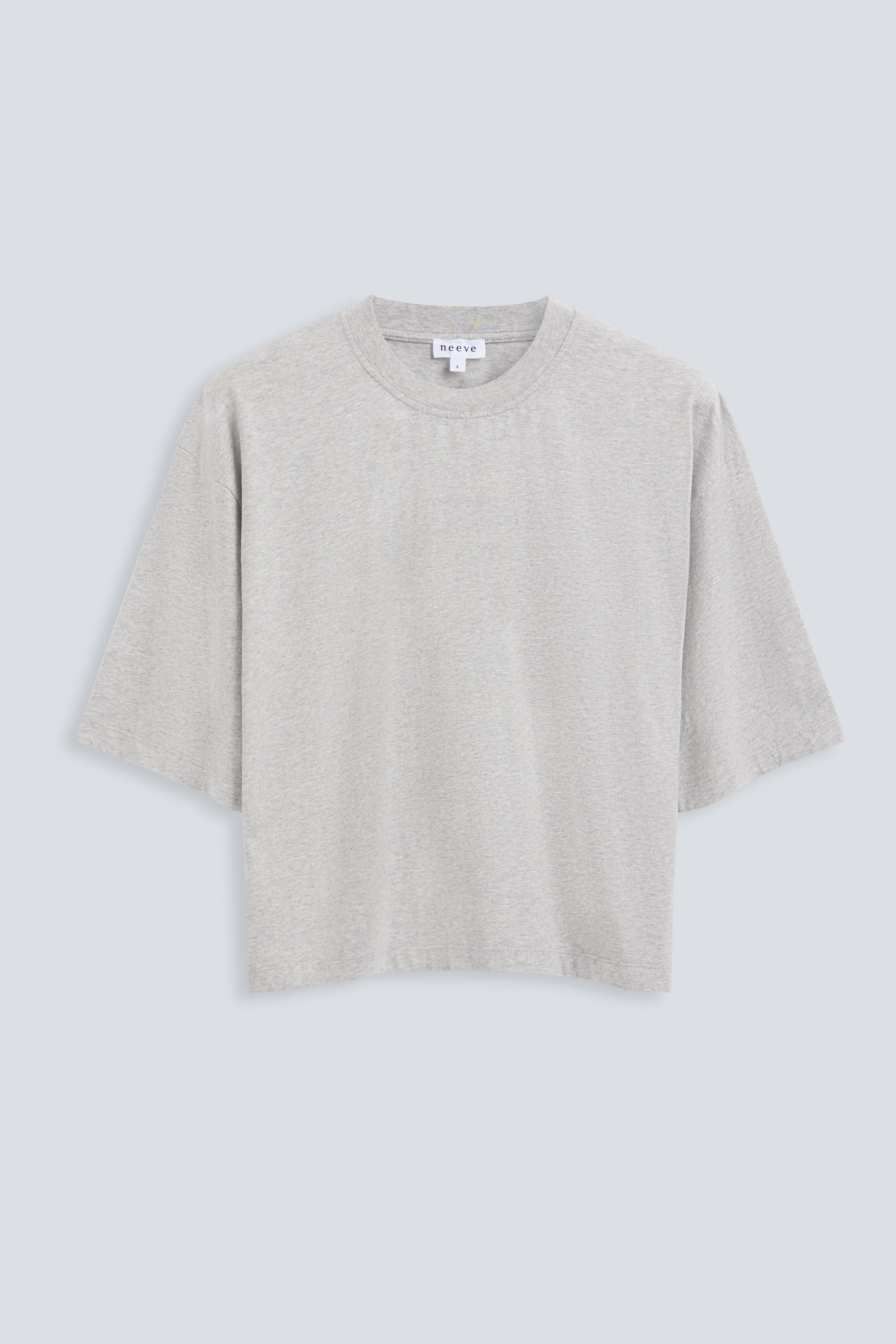 The Talia in Grey Melange. Front view. Dropped shoulders and mid-length sleeves, 180g, 100% organic cotton made in Portugal. GOTS