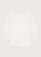 The Iris linen v-neck shirt in crispy white  front, 3/4 sleeve sustainable top