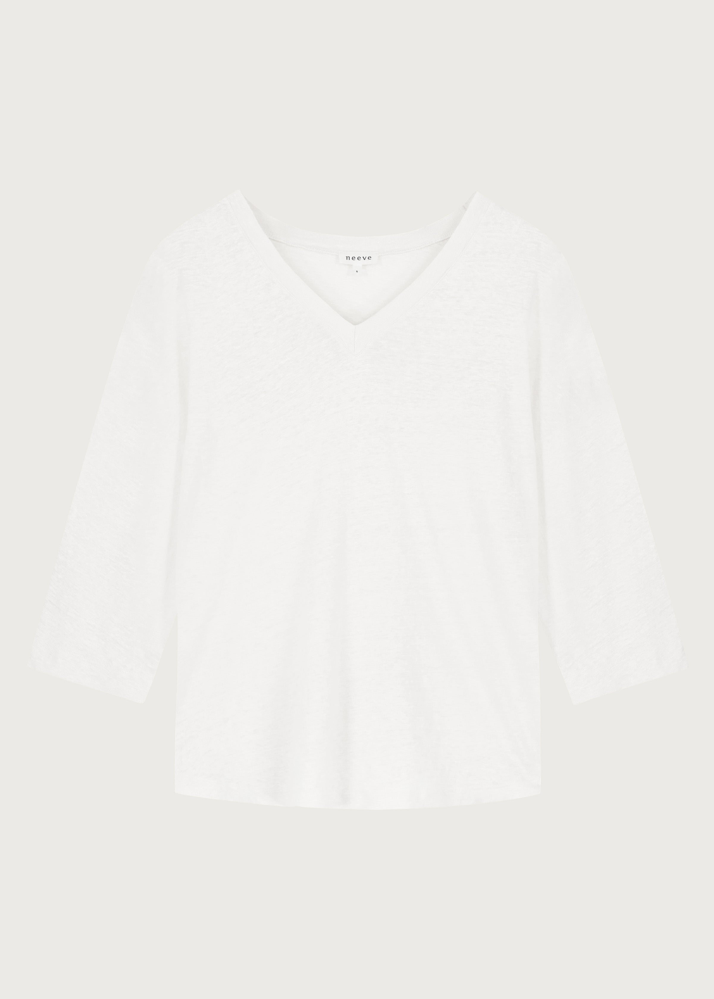 The Iris linen v-neck shirt in crispy white  front, 3/4 sleeve sustainable top
