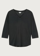 The Iris linen v-neck shirt in essential black front, 3/4 sleeve sustainable top
