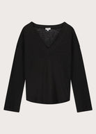 The Rosemarie linen v-neck in essential black front, sustainable long sleeve top